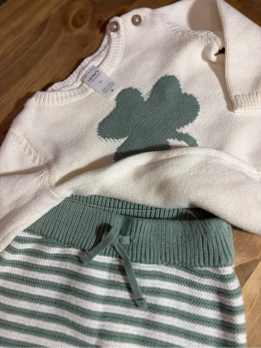 Carter's Cream Sweater with Sage Clover & Sage-Striped Knit Pants